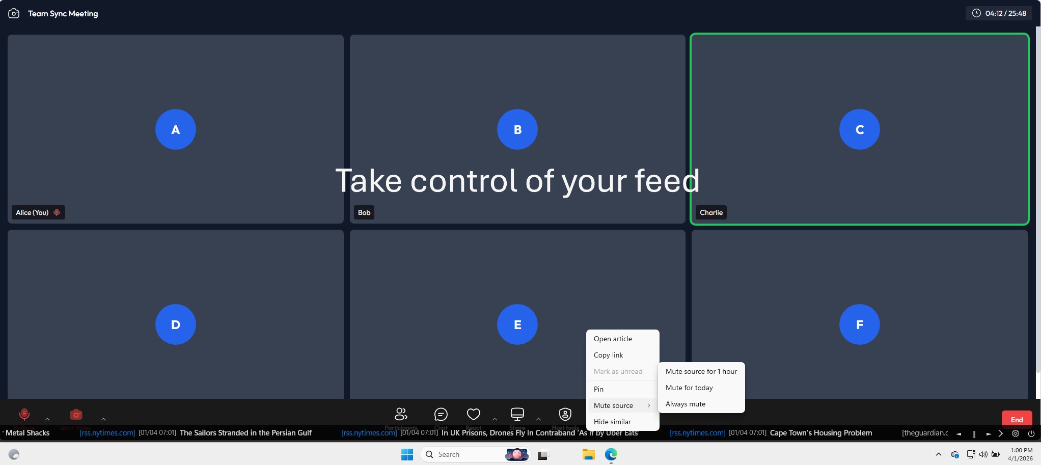 Taskbar Ticker context menu for opening, copying, pinning or muting a headline