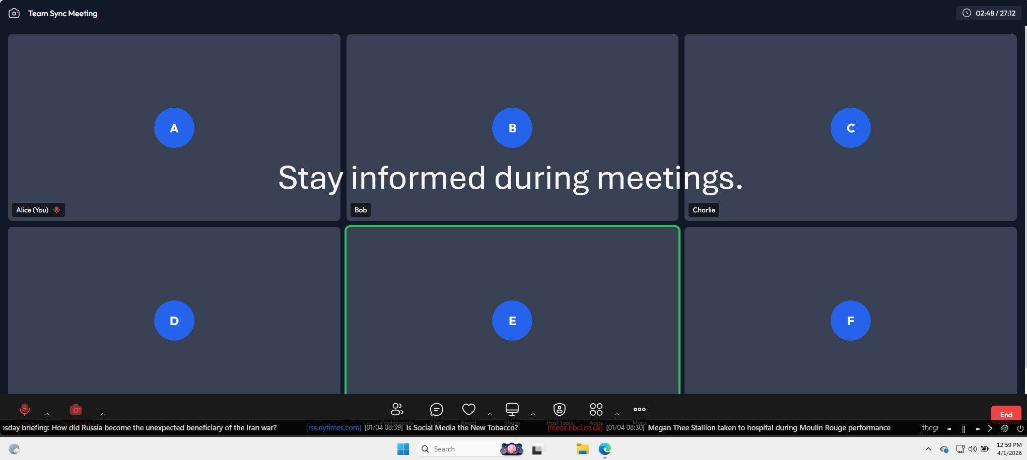 Taskbar Ticker displaying RSS headlines above the Windows taskbar during an online meeting